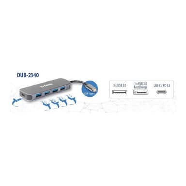 D-LINK USB-C auf 4-Port USB 3.0 Hub mit Power Delivery