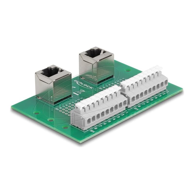 DELOCK RJ45 2 x Buchse zu 2 x Terminalblock mit Drucktaster fur Hutschiene gewinkelt