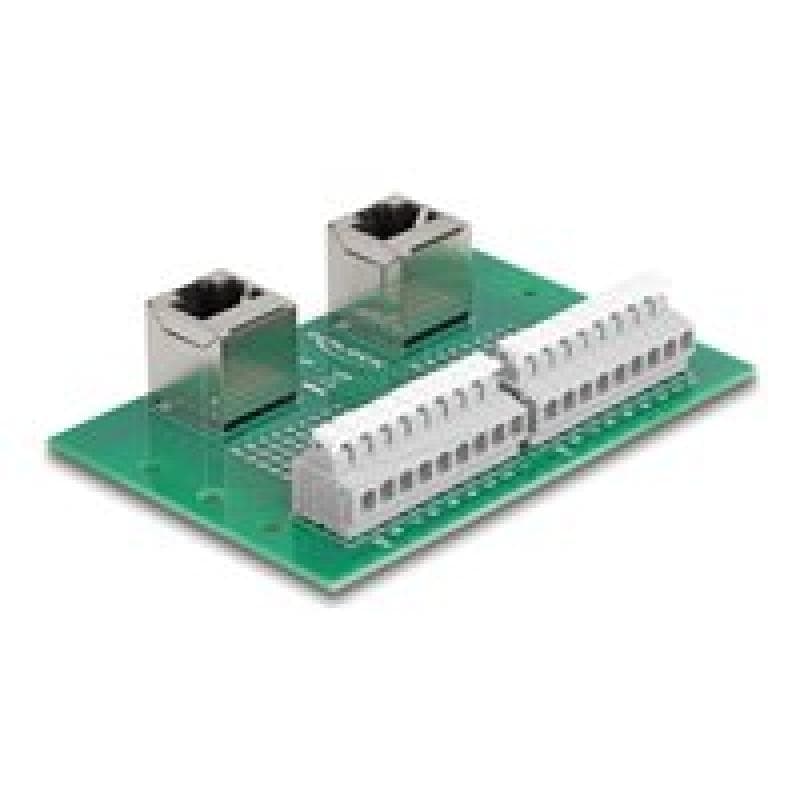 DELOCK RJ45 2 x Buchse zu 2 x Terminalblock mit Drucktaster fur Hutschiene gewinkelt