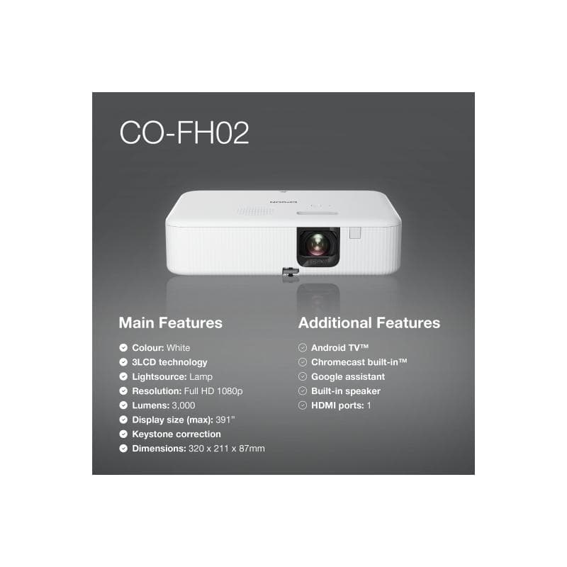 EPSON CO-FH02 Heimkino Beamer 3000 Lumen (Full-HD, HDMI, USB, WLAN, Android TV, Lautsprecher)