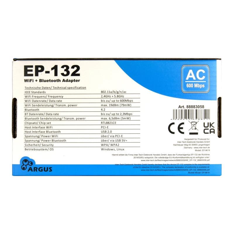 INTERTECH Inter-Tech Wi-Fi 5 PCIe Adapter EP-132 Antenne,Bluetooth 4.2