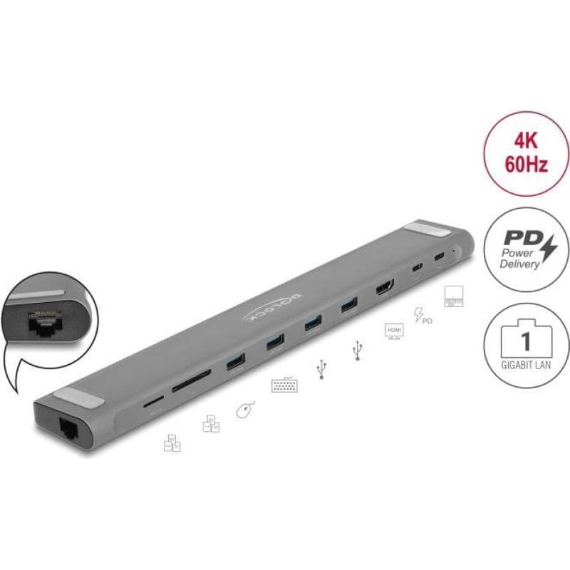 DELOCK USB Type-C Slim Dockingstation 4K (grau, HDMI / USB 3.2 Gen 1 / LAN / SD / PD 3.0)