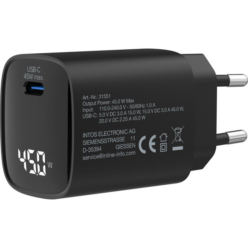 INLINE USB PD Netzteil, GaN Ladegerät, 1-Port, USB-C, 45W, mit Display