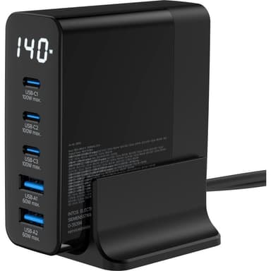 INLINE USB PD Netzteil, GaN Ladegerät, 5-Port, USB-C + USB-A, 140W, mit Display