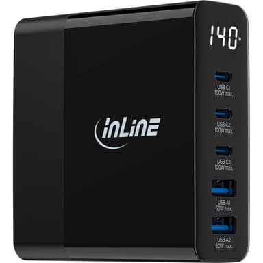 INLINE USB PD Netzteil, GaN Ladegerät, 5-Port, USB-C + USB-A, 140W, mit Display