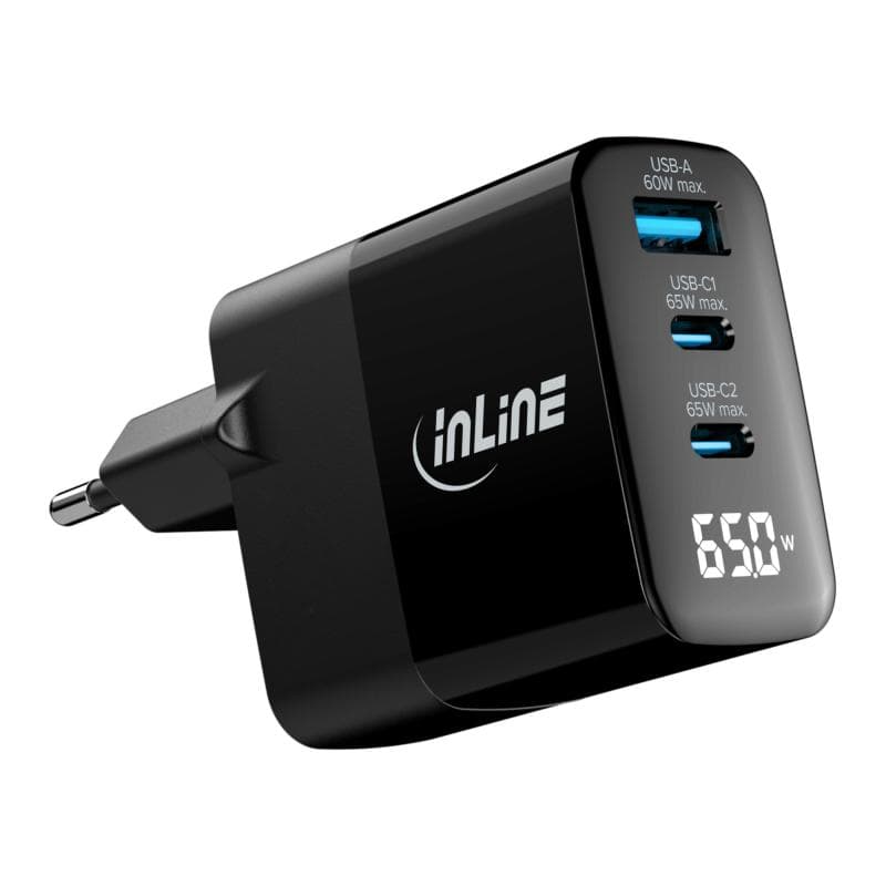 INLINE USB PD Netzteil, GaN Ladegerät, 3-Port, USB-C + USB-A, 65W, mit Display