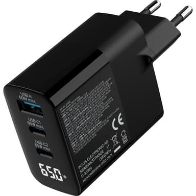 INLINE USB PD Netzteil, GaN Ladegerät, 3-Port, USB-C + USB-A, 65W, mit Display