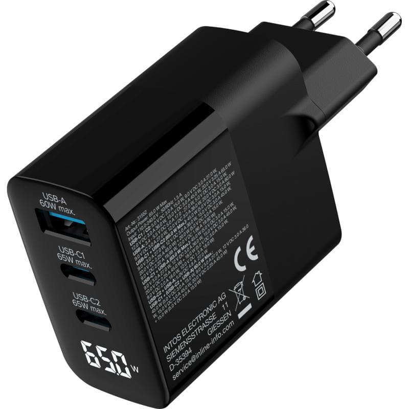 INLINE USB PD Netzteil, GaN Ladegerät, 3-Port, USB-C + USB-A, 65W, mit Display