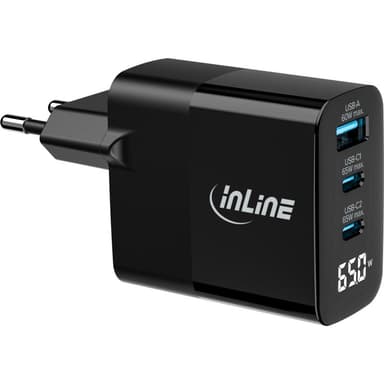 INLINE USB PD Netzteil, GaN Ladegerät, 3-Port, USB-C + USB-A, 65W, mit Display