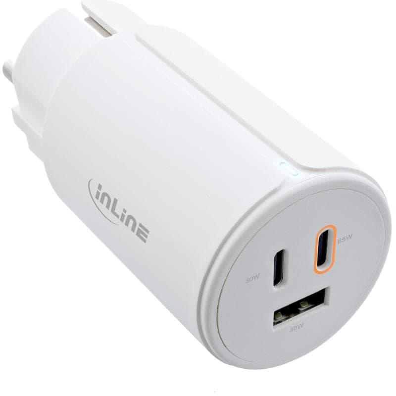 INLINE USB PD Netzteil, GaN Ladegerät, 3-Port, Dual USB-C + USB-A, 65W, weiß