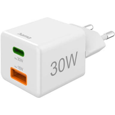 HAMA Schnellladegerät, 1 Stück USB-C PD, 1 Stück USB-A QC, Mini-Ladegerät, 30 W, Weiß (00201992)