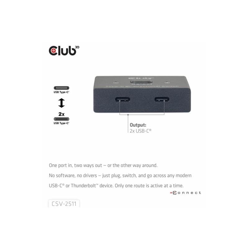 CLUB3D USB-C Switch 2<->1 10Gbps + 100W PD  St/Bu retail