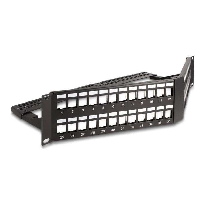 DELOCK 19″ Keystone Patchpanel 48 Port mit Entlastungsschiene 2 HE gewinkelt schwarz Stück