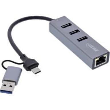INLINE 4in1 Gigabit Hub, USB-C & USB-A, 1x RJ45, 3x USB 3.2 Gen.1