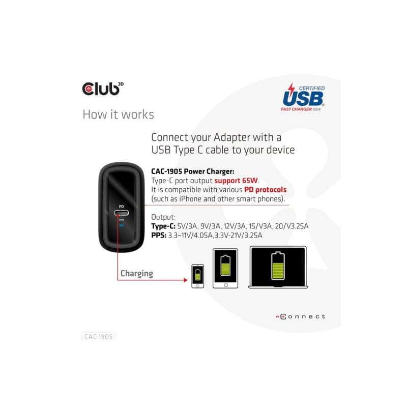 CLUB3D CAC-1905 Notebook-Netzteil 65 W 1x USB-C® Schwarz Innenbereich GaN