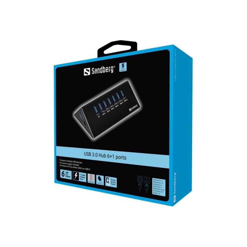 SANDBERG USB 3.0 Hub 7 ports Siebmal USB 3.0 Ausgaenge Ueberlastungsschutz 1m USB 3.0 Kabel und 230V