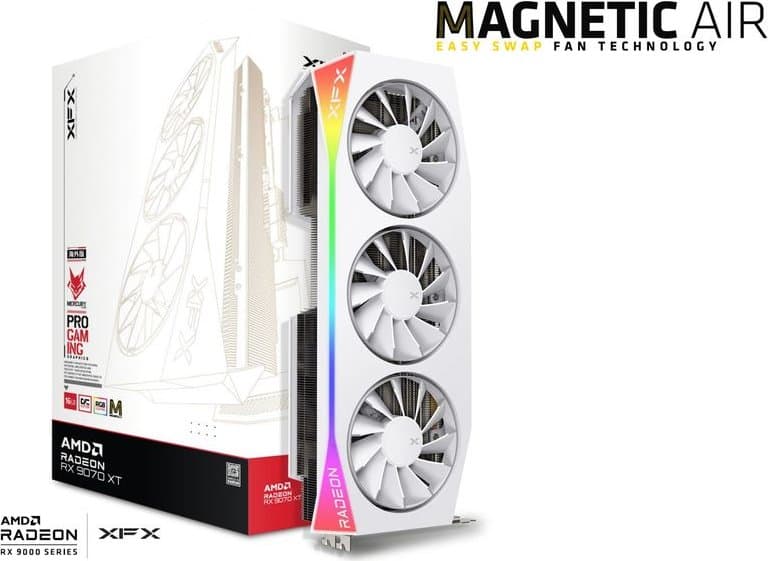 XFX Mercury Radeon RX 9070 XT OC White Magnetic Air Edition with RGB, 16GB GDDR6, HDMI, 3x DP