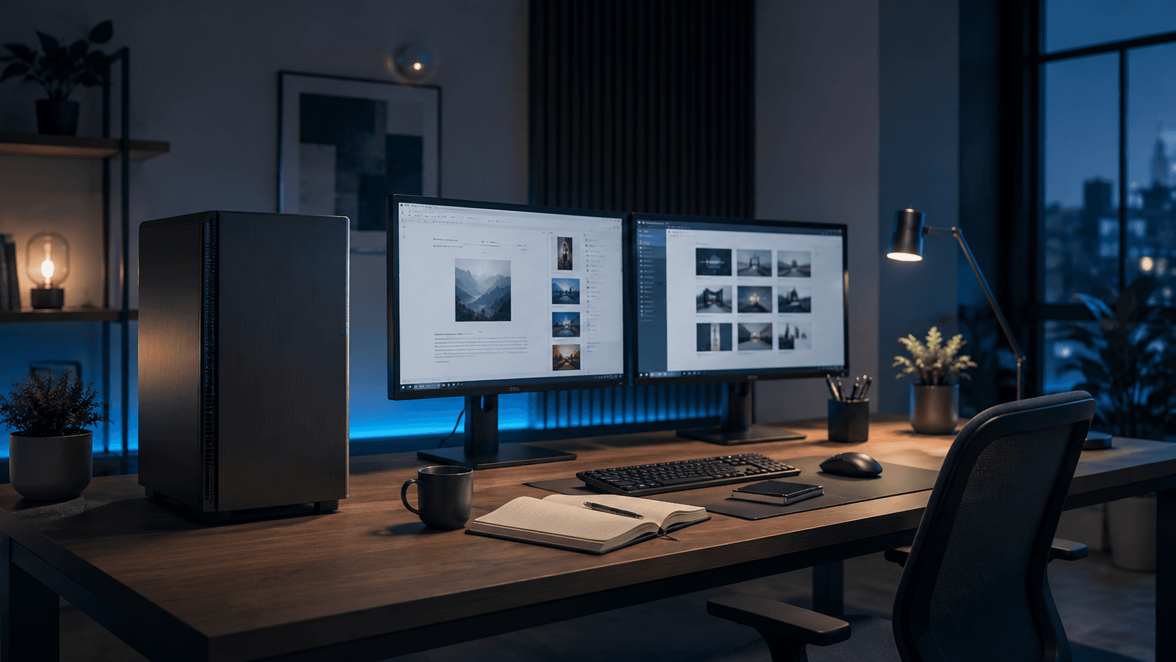 Aesthetic Workstation bis 1500 Euro in einem modernen Büro mit blauem Ambient Light Aesthetic Workstation bis 1500 Euro in einem modernen Büro mit blauem Ambient Light