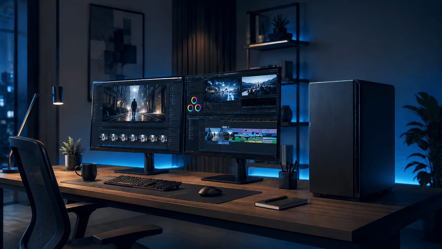 Moderne Videoschnitt Workstation unter 1500 Euro mit Dual-Monitor-Setup für kreative Content-Produktion Moderne Videoschnitt Workstation unter 1500 Euro mit Dual-Monitor-Setup für kreative Content-Produktion
