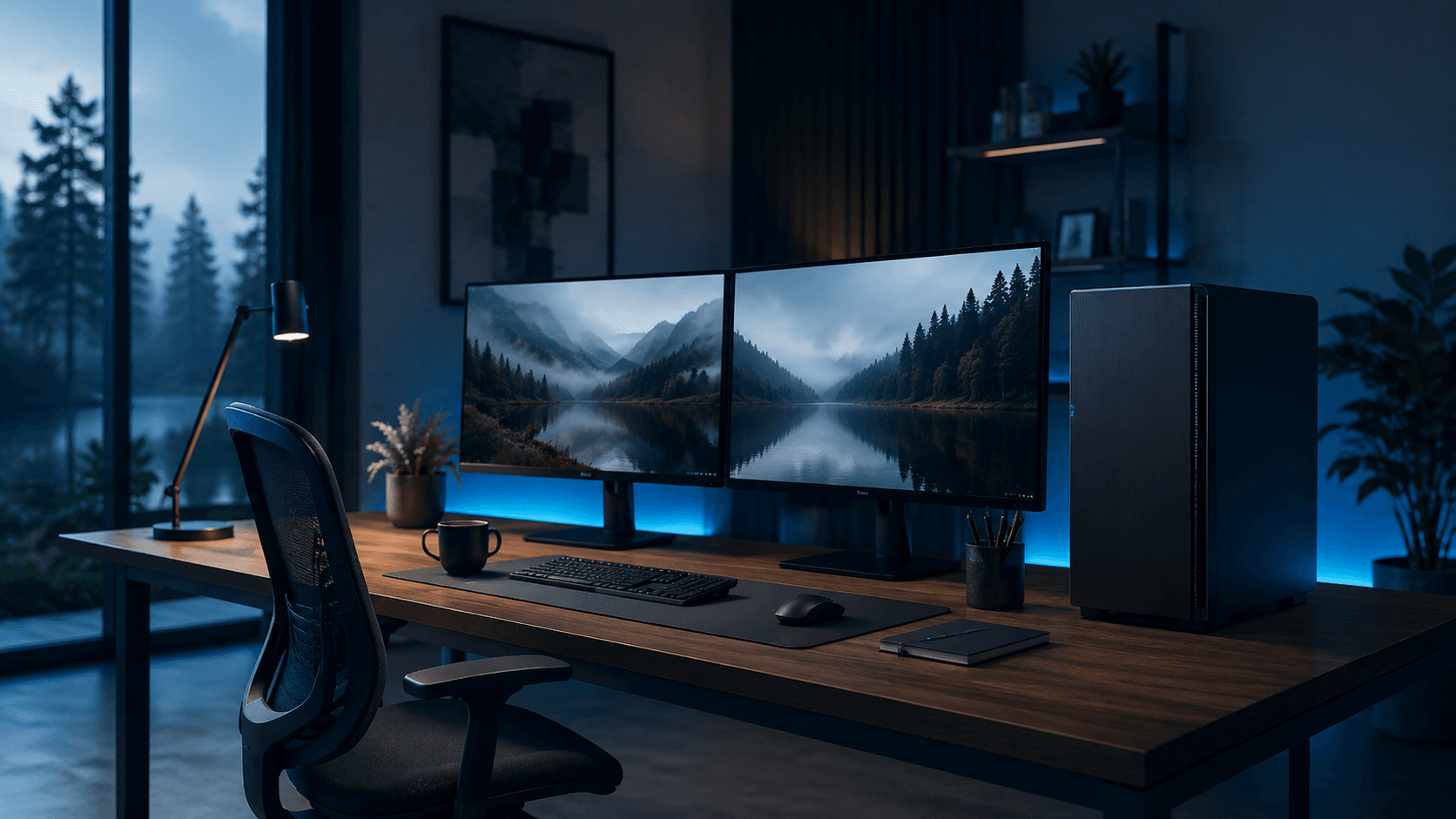 Leise Workstation in einem ruhigen modernen Arbeitsbereich mit minimalistischem Design Leise Workstation in einem ruhigen modernen Arbeitsbereich mit minimalistischem Design