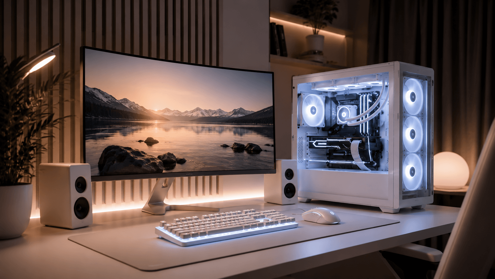Ruhiges minimalistisches White Gaming PC Setup mit warmem Ambient-Licht und leisem Premium-Design Ruhiges minimalistisches White Gaming PC Setup mit warmem Ambient-Licht und leisem Premium-Design