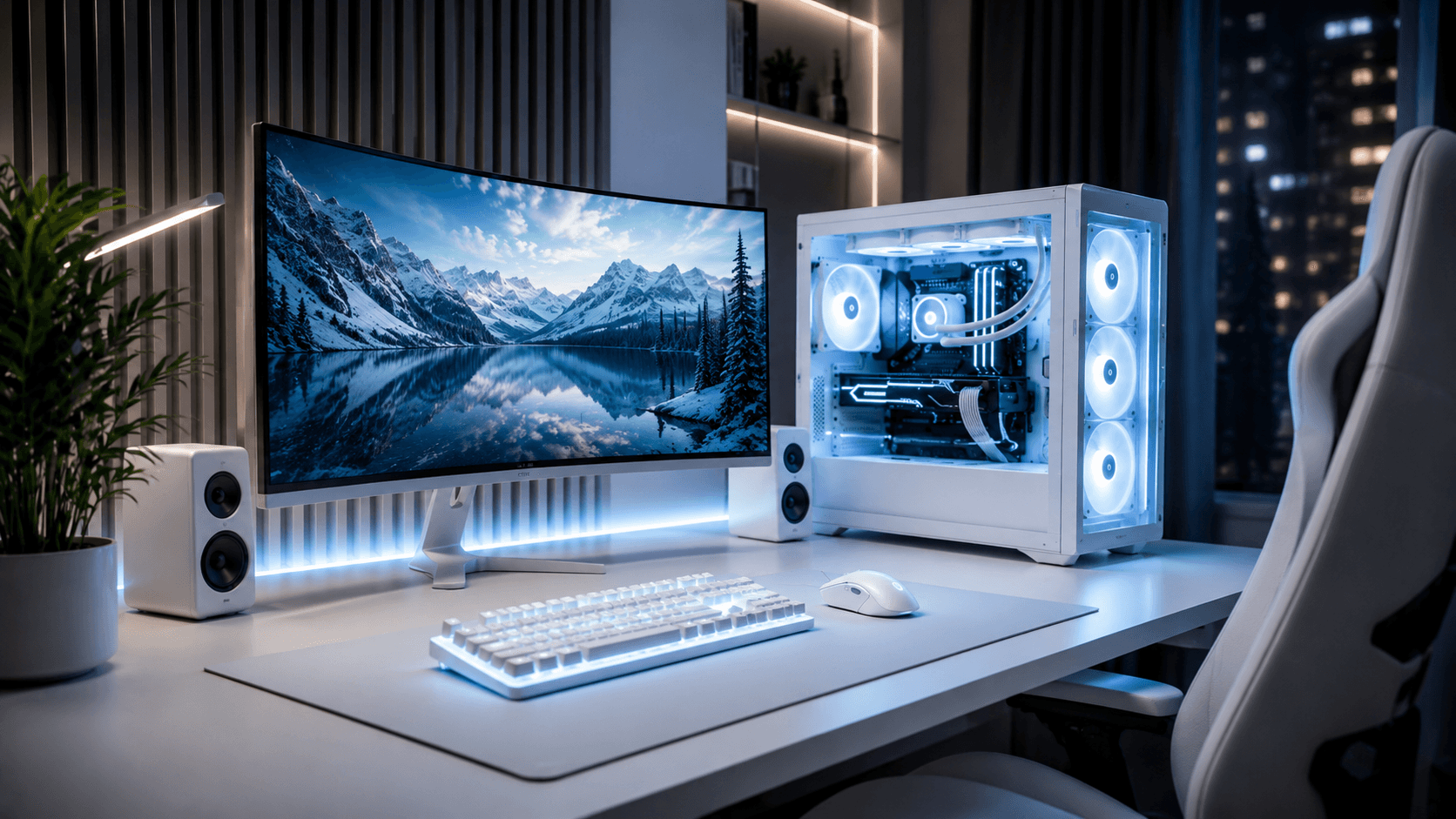 Premium White Gaming PC Setup als moderne Gaming Workstation mit cleanem Design und RGB-Beleuchtung Premium White Gaming PC Setup als moderne Gaming Workstation mit cleanem Design und RGB-Beleuchtung