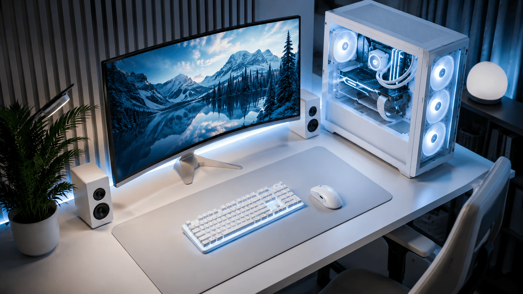 White Gaming Workstation von oben mit Gaming PC, Monitor, Tastatur und Maus als ästhetische Hardware-Ansicht White Gaming Workstation von oben mit Gaming PC, Monitor, Tastatur und Maus als ästhetische Hardware-Ansicht