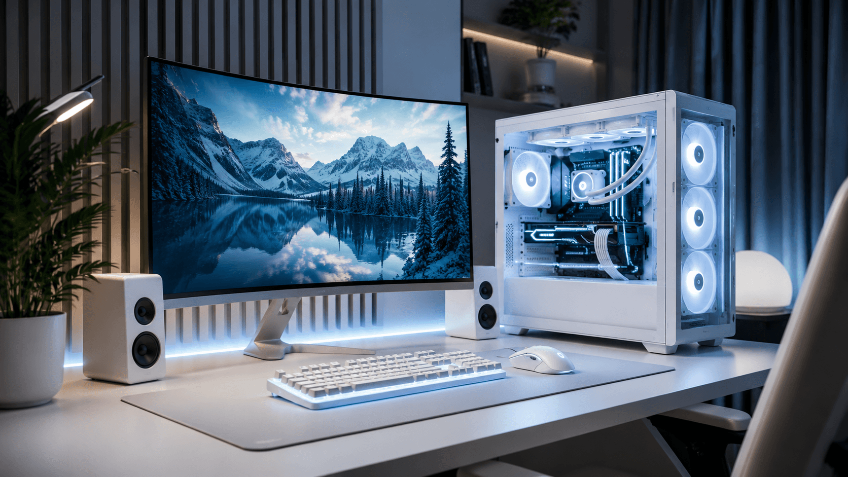Moderner White Gaming PC in einem cleanen Gaming-Setup mit Monitor, Tastatur und RGB-Beleuchtung Moderner White Gaming PC in einem cleanen Gaming-Setup mit Monitor, Tastatur und RGB-Beleuchtung