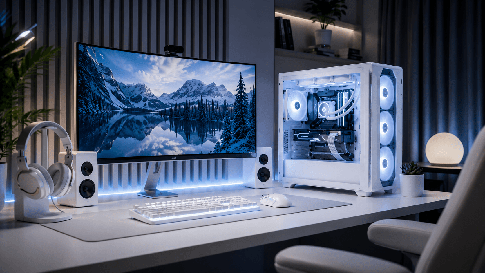 Cleanes White Gaming PC Setup mit weiÃem PC, Monitor, Tastatur, Maus und Zubehör für individuelle Konfiguration Cleanes White Gaming PC Setup mit weiÃem PC, Monitor, Tastatur, Maus und Zubehör für individuelle Konfiguration
