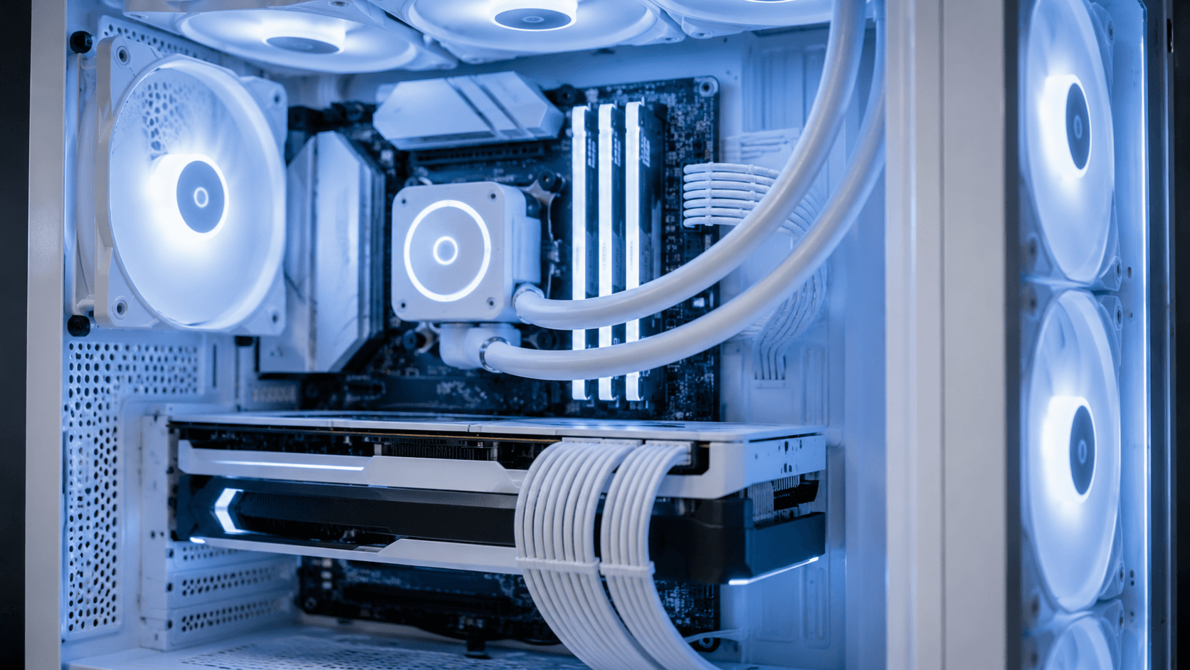 Close-up eines White Gaming PCs mit Wasserkühlung, weiÃen Lüftern, RGB-Beleuchtung und sauberem Kabelmanagement Close-up eines White Gaming PCs mit Wasserkühlung, weiÃen Lüftern, RGB-Beleuchtung und sauberem Kabelmanagement