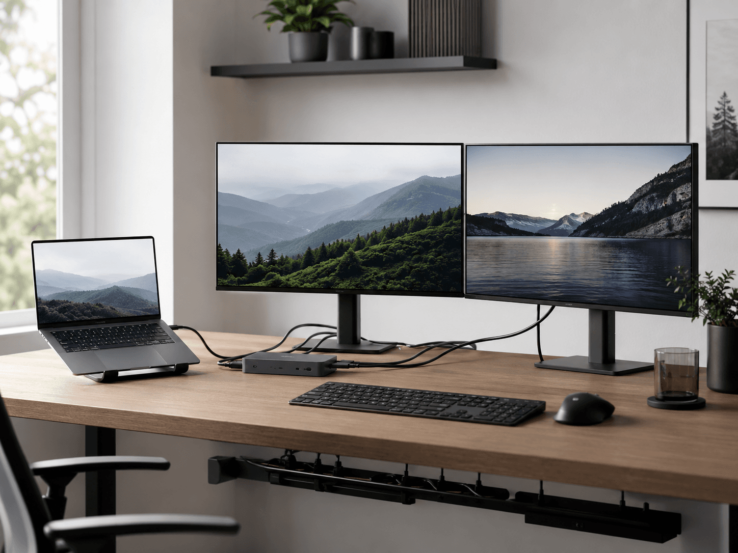 Laptop Dockingstation im Homeoffice mit Notebook, zwei Monitoren, Tastatur und Maus Laptop Dockingstation im Homeoffice mit Notebook, zwei Monitoren, Tastatur und Maus