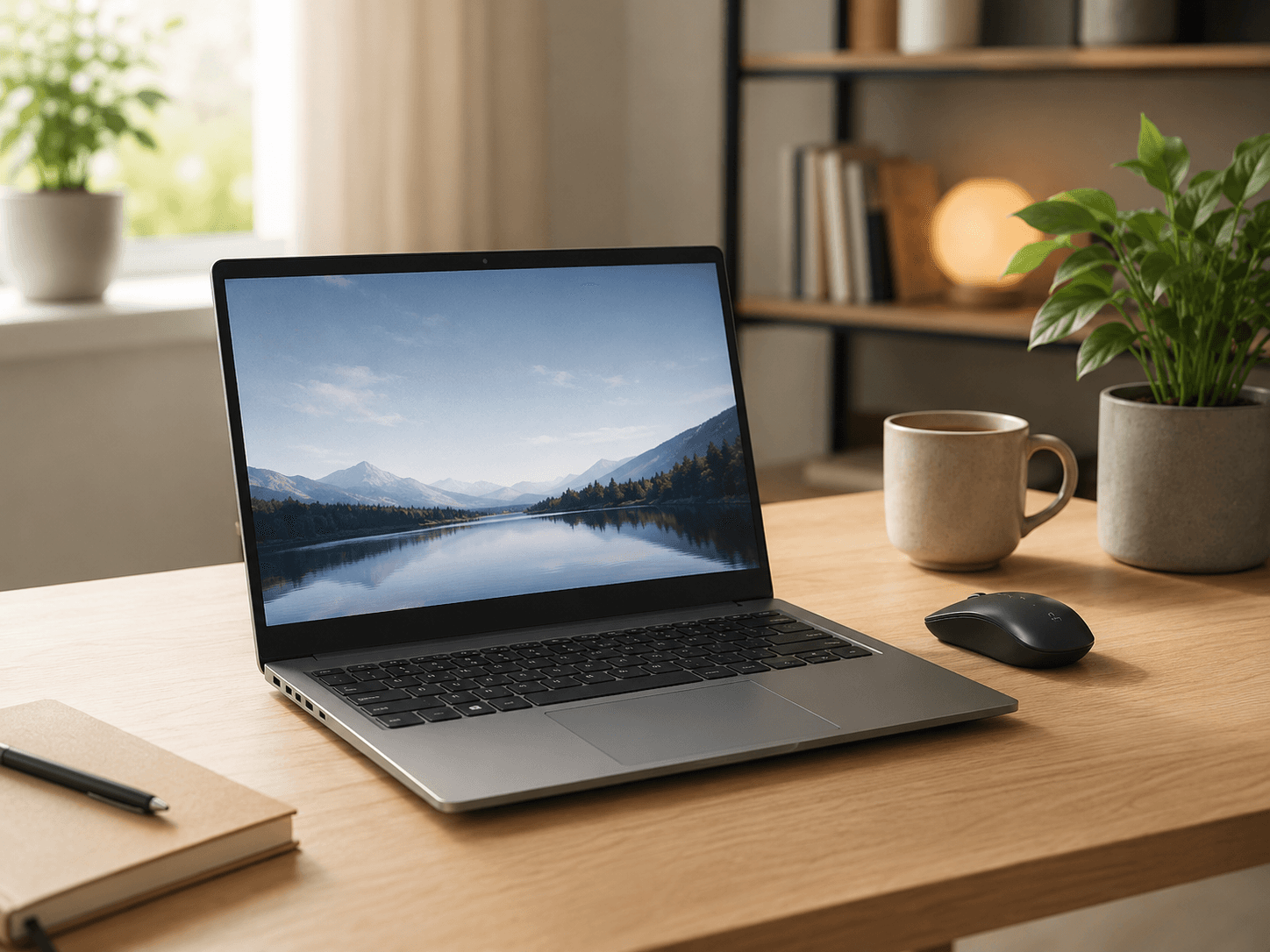 Laptop unter 500 Euro auf modernem Schreibtisch für Alltag Office Studium und Home Office Laptop unter 500 Euro auf modernem Schreibtisch für Alltag Office Studium und Home Office