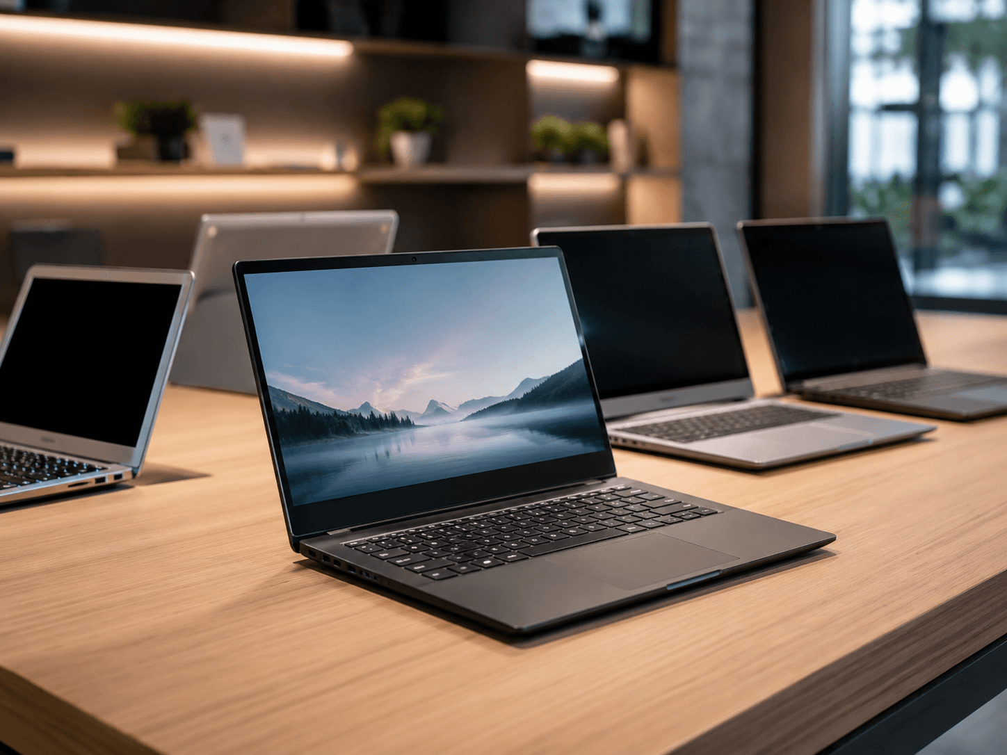 Laptop unter 500 Euro Vergleich mit mehreren günstigen Notebooks im modernen Showroom Laptop unter 500 Euro Vergleich mit mehreren günstigen Notebooks im modernen Showroom