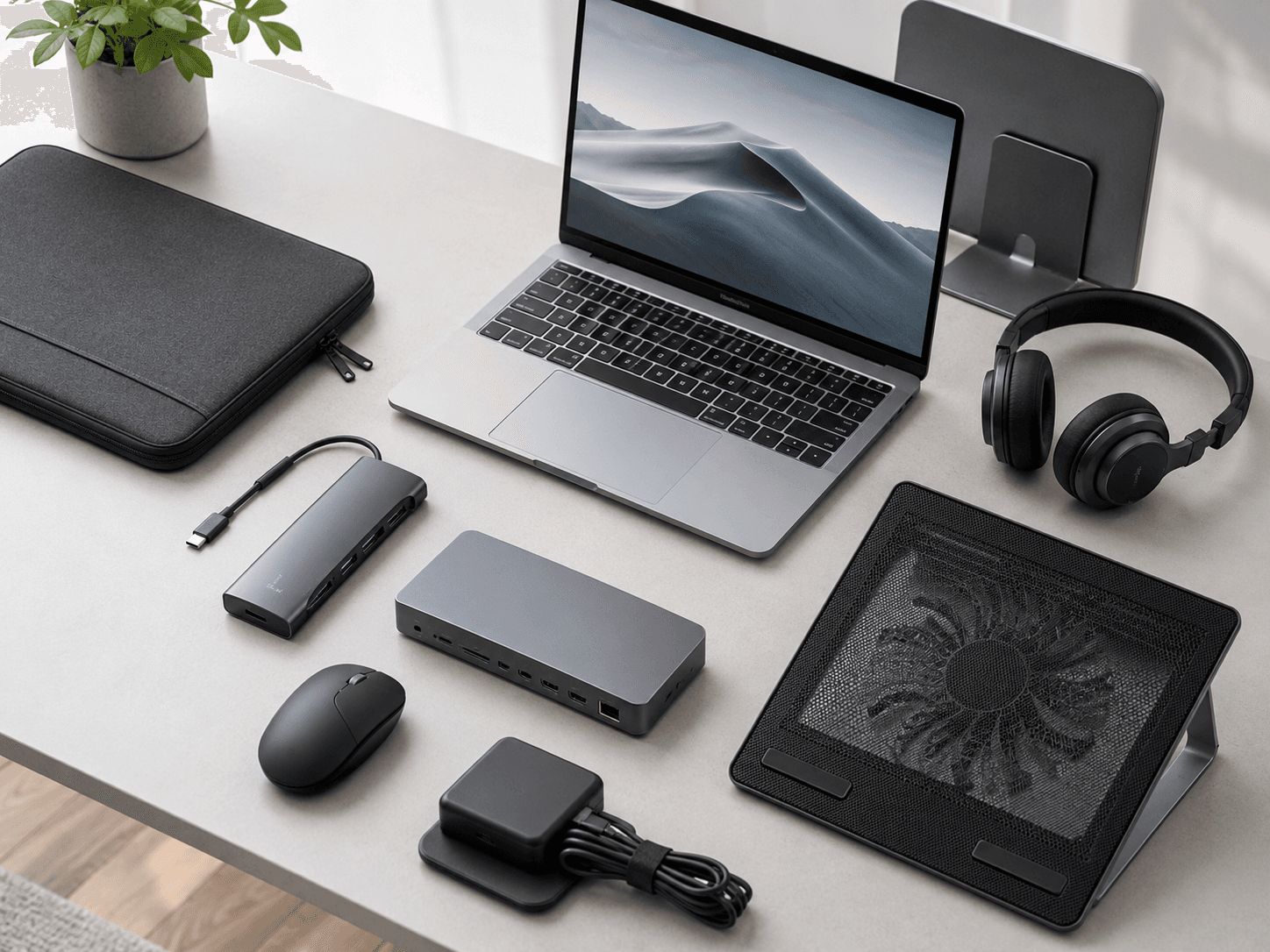 Laptop Zubehör kaufen mit Notebook, Dockingstation, USB-C Hub, Netzteil, Tasche und Kühlpad auf modernem Schreibtisch Laptop Zubehör kaufen mit Notebook, Dockingstation, USB-C Hub, Netzteil, Tasche und Kühlpad auf modernem Schreibtisch