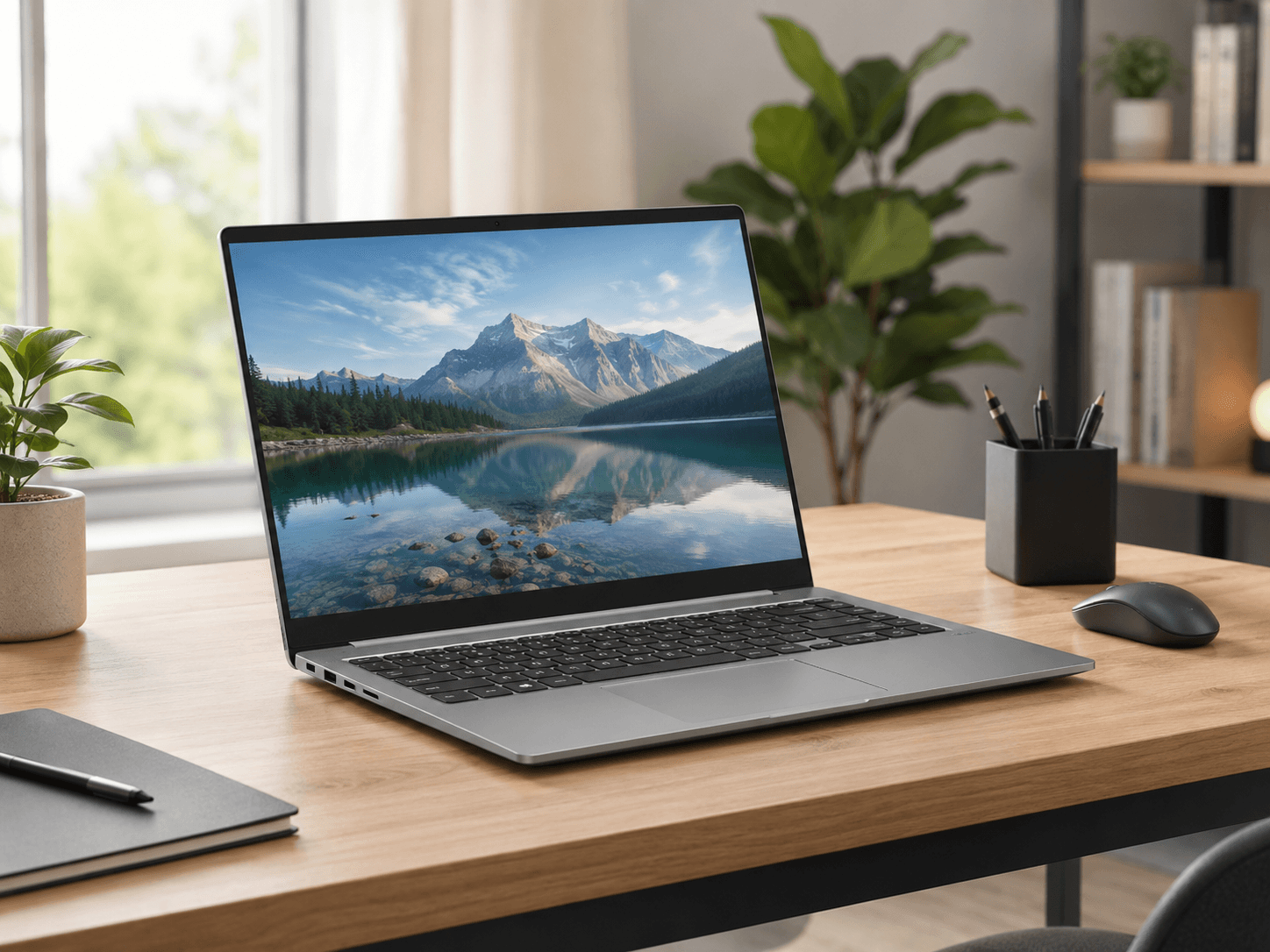 Notebook unter 500 Euro für Alltag Office Internet und Streaming in hellem Arbeitsplatz Notebook unter 500 Euro für Alltag Office Internet und Streaming in hellem Arbeitsplatz