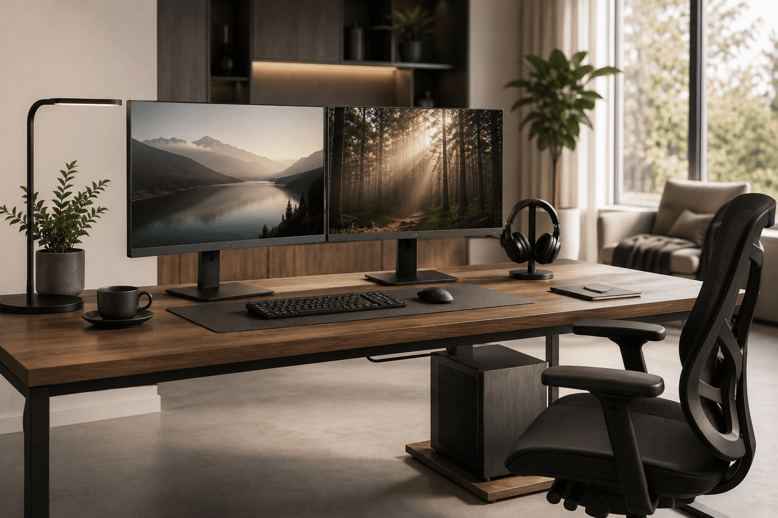 Silent Multimedia PC im modernen Home Office mit Dual-Monitor Setup Silent Multimedia PC im modernen Home Office mit Dual-Monitor Setup