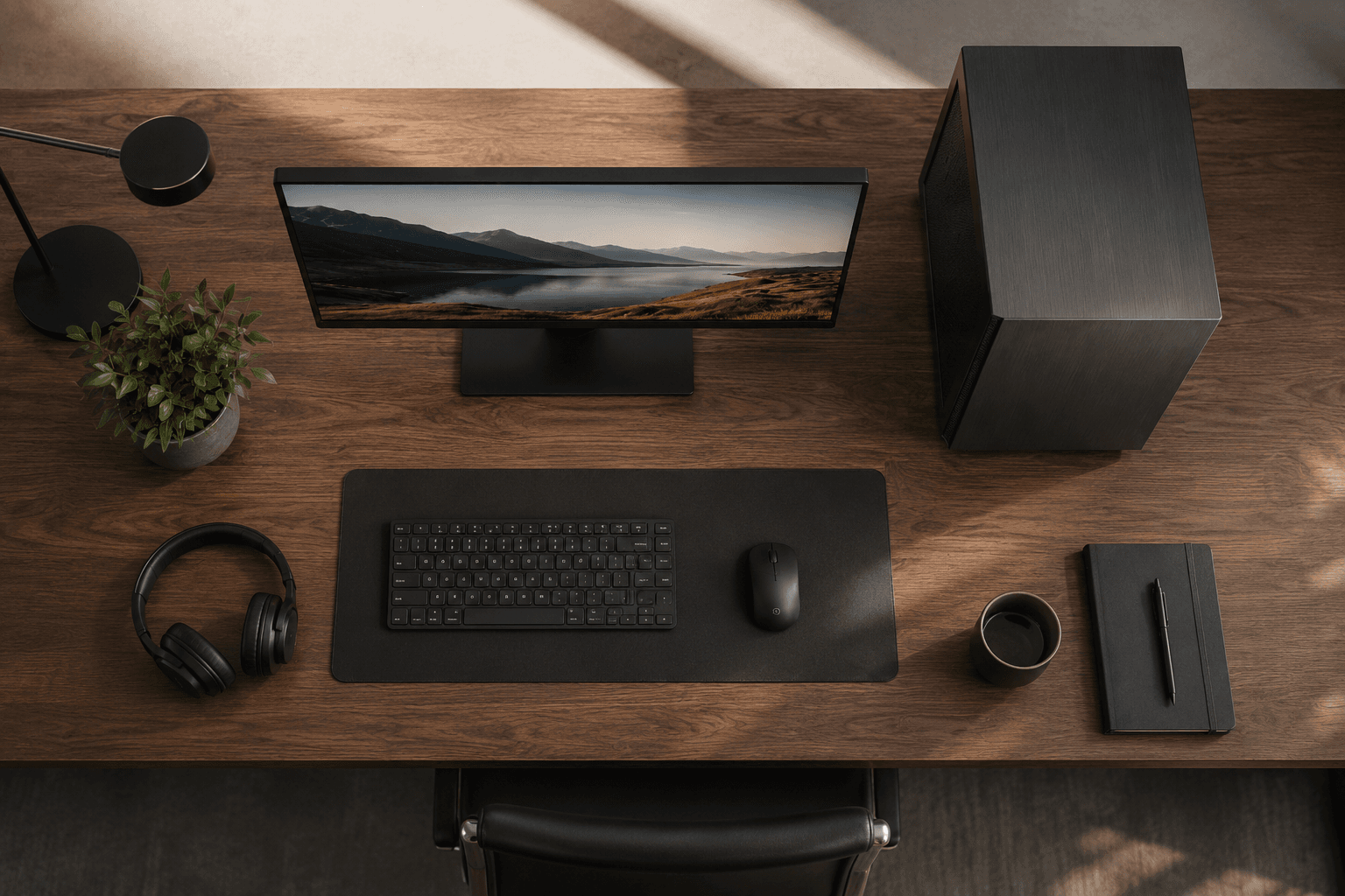 Top-down Ansicht eines ästhetischen Silent Multimedia PC Arbeitsplatzes Top-down Ansicht eines ästhetischen Silent Multimedia PC Arbeitsplatzes