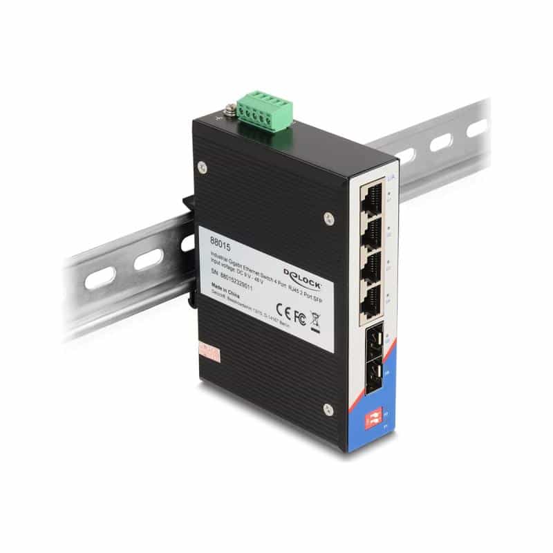 DELOCK Industrie Gigabit Ethernet Switch 4 Port RJ45 2 Port SFP für Hutschiene DELOCK Industrie Gigabit Ethernet Switch 4 Port RJ45 2 Port SFP für Hutschiene