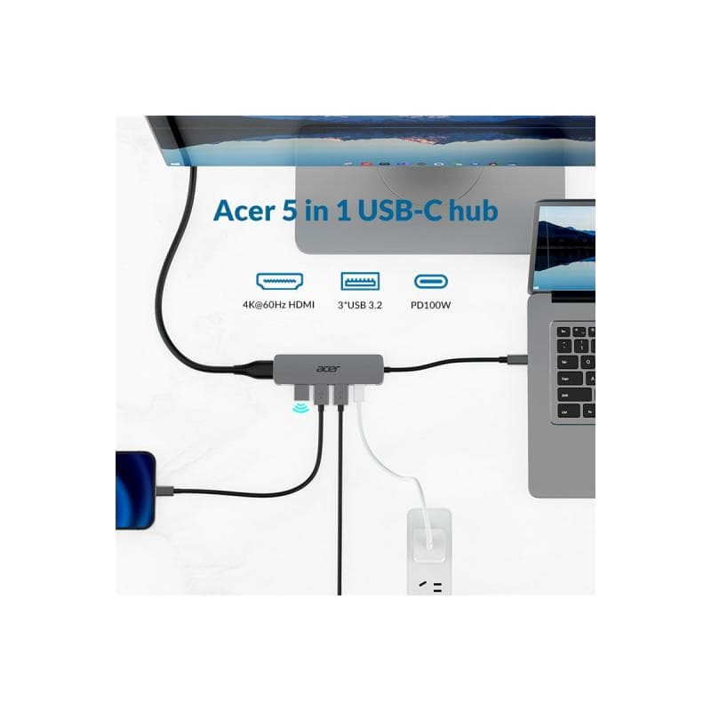 Acer 5-in-1 Type-C Dongle USB-C Dockingstation HDMI 100W PD 4K@60Hz Silber