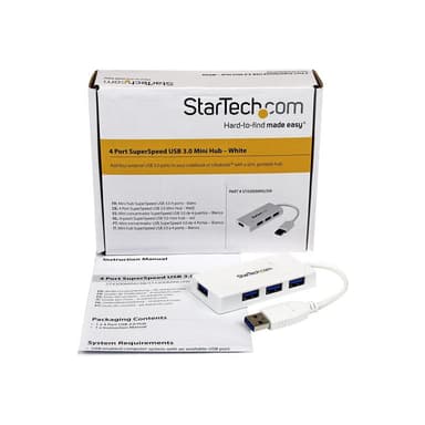 STARTECH.COM 4 Port USB 3.0 SuperSpeed Hub - Weiss - Portabler externer Mini USB Hub mit eingebautem