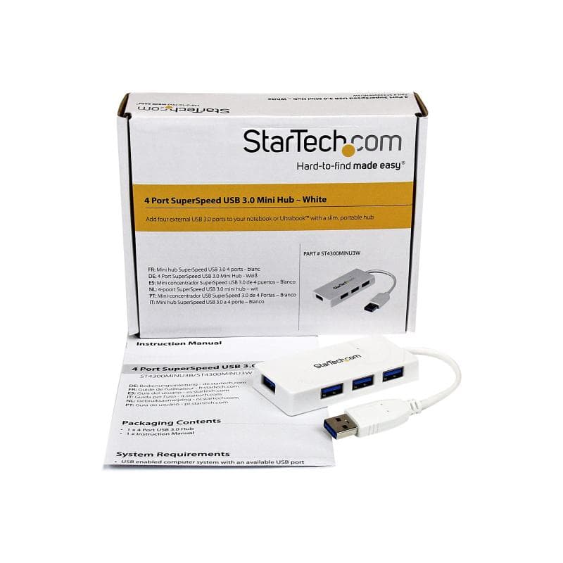 STARTECH.COM 4 Port USB 3.0 SuperSpeed Hub - Weiss - Portabler externer Mini USB Hub mit eingebautem