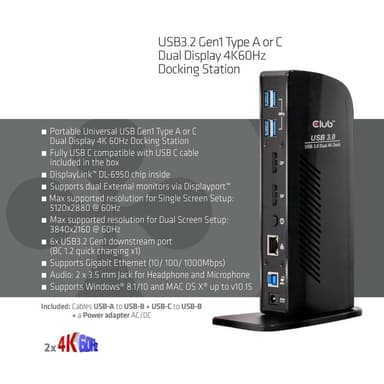 CLUB3D 4K Dockingst.60Hz USB3 ->6xUSB3/2xDP/LAN/Audio bl. retail