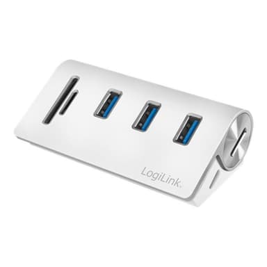 LOGILINK USB HUB 3.0, 3-Port, mit Kartenleser, ALU, silber