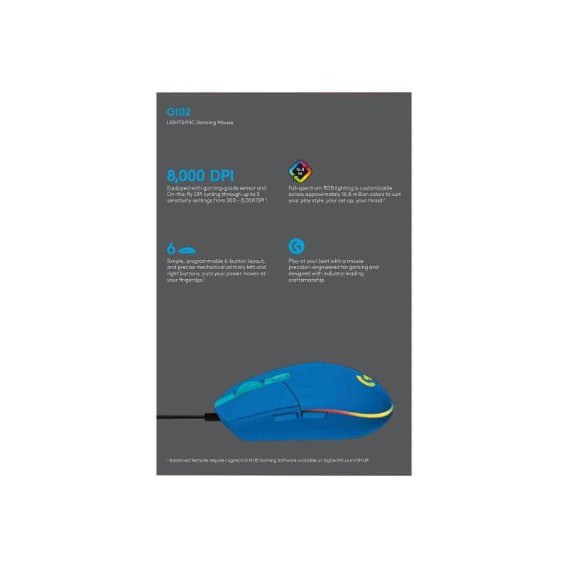 LOGITECH Gaming Mouse G102 LIGHTSYNC - Maus - Für Rechtshänder - optisch - 6 Tasten - kabelgebunden