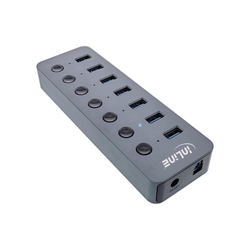 INLINE USB 3.2 Gen.1 Hub, 7-Port, mit Schalter, Aluminium, grau, mit Netzteil