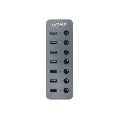 INLINE USB 3.2 Gen.1 Hub, 7-Port, mit Schalter, Aluminium, grau, mit Netzteil
