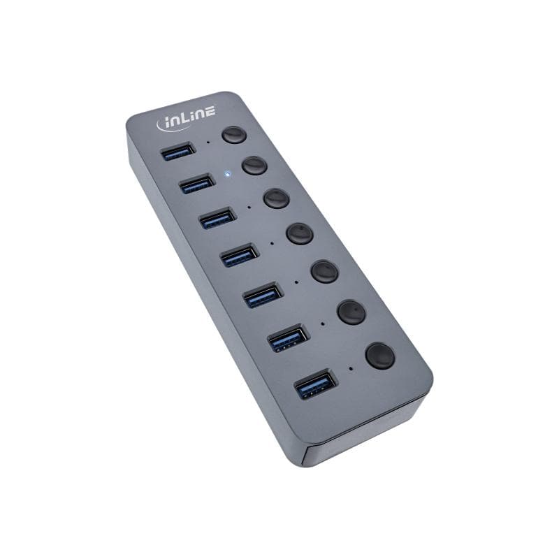 INLINE USB 3.2 Gen.1 Hub, 7-Port, mit Schalter, Aluminium, grau, mit Netzteil