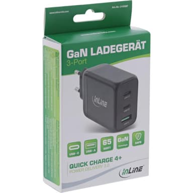 INLINE USB PD Netzteil, GaN Ladegerät, 3-Port, Dual USB-C + USB-A, 65W, schwarz
