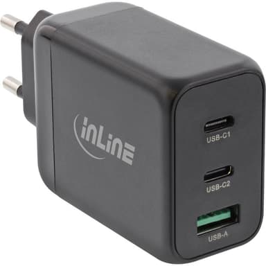 INLINE USB PD Netzteil, GaN Ladegerät, 3-Port, Dual USB-C + USB-A, 65W, schwarz