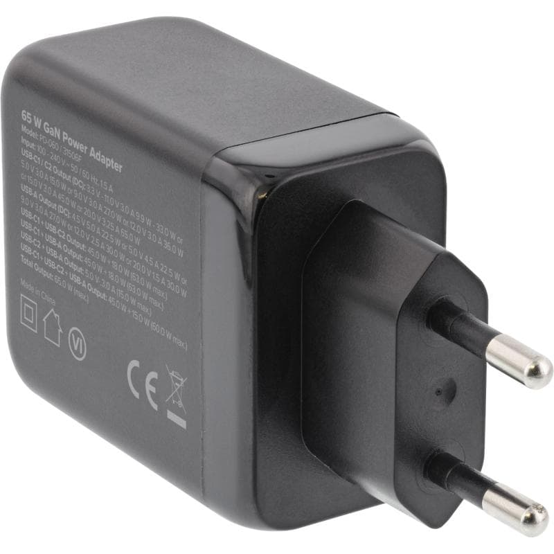 INLINE USB PD Netzteil, GaN Ladegerät, 3-Port, Dual USB-C + USB-A, 65W, schwarz